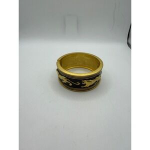 Vintage Gold Tone Black Enamel Panther Leopard Hinged Cuff Statement Bracelet